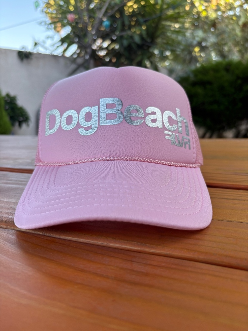 Eskyflavor Dog Beach Trucker Hat Pink on a Otto Trucker Hat, Metallic, FLVR